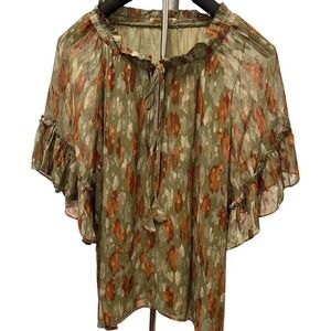 Ramy Brook Green, Orange, Gold Chic Blouse with Ruffle Sleeves Lining Size Large